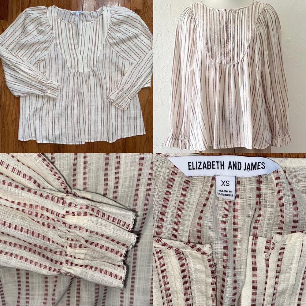Elizabeth And James Red Ticking Primitive Stripe Peasant Top  XS EUC